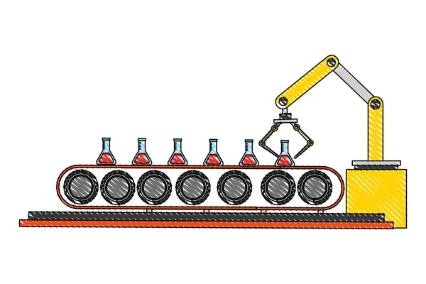Fábrica industrial brazo robótico prueba química tubo laboratorio dibujo color — Vector de stock