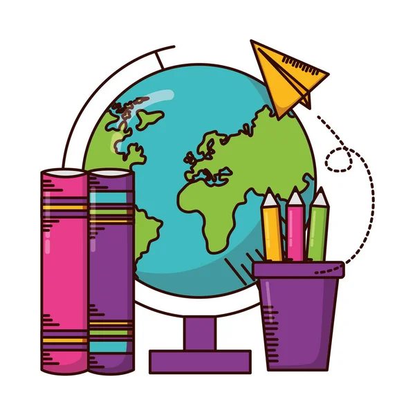 Globe books pencils school supplies — Stock Vector