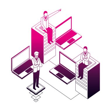 veritabanı sunucusu ve dizüstü bilgisayarlar ile iş adamları