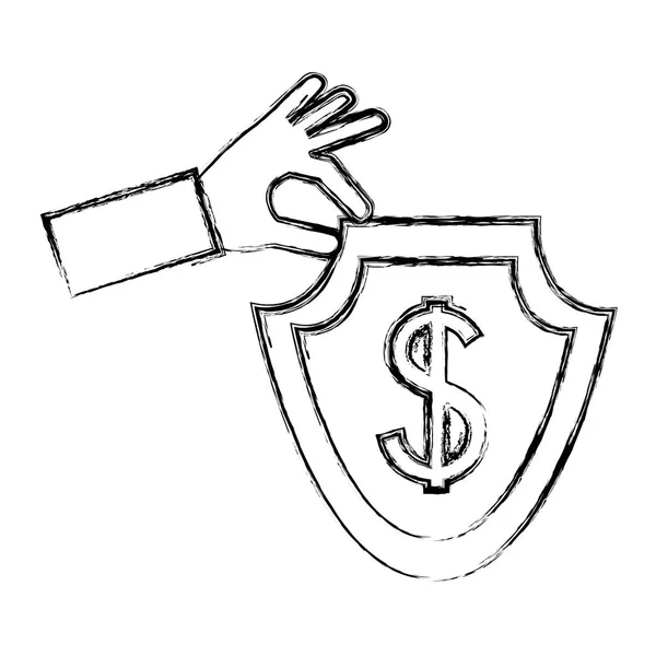 Hand holding shield coin dollar currency symbol — Stock Vector
