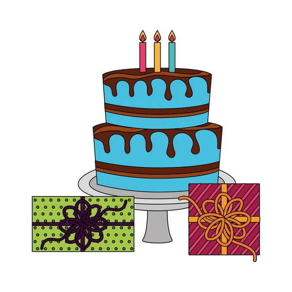 Sladký dort se dárkovými boxy přítomná samostatná ikona — Stockový vektor