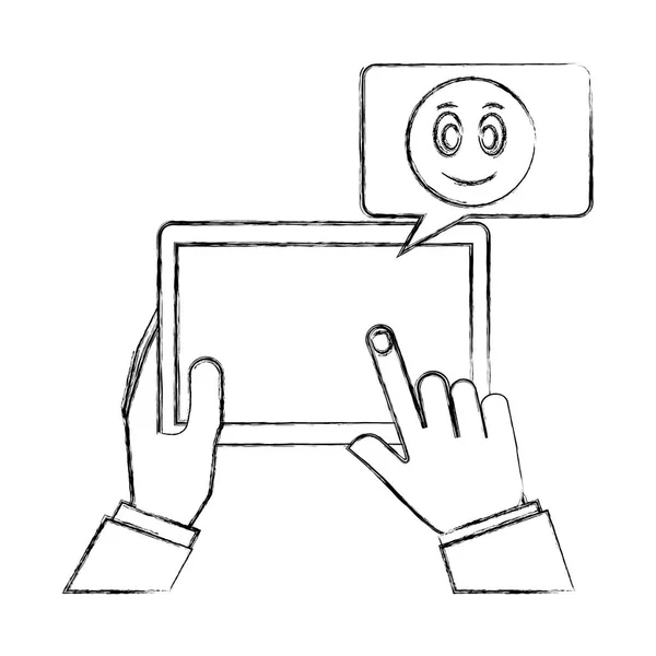 Mani con tablet cellulare chat felice emoji mano disegno — Vettoriale Stock