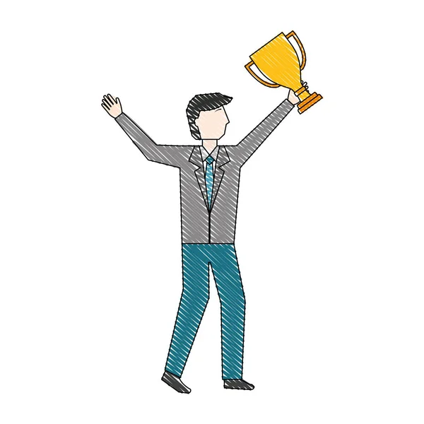 Бизнесмен, обладающий трофеем, празднующий успех — стоковый вектор