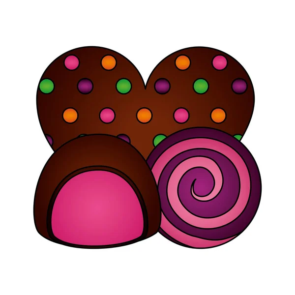 巧克力糖果心脏填充芯片圆焦糖 — 图库矢量图片