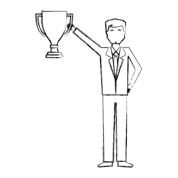 Uomo d'affari in possesso di trofeo coppa premio di successo mano disegno — Vettoriale Stock