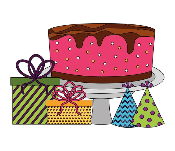 Sweet cake and gift boxes and hats party isolated icon — Stock Vector