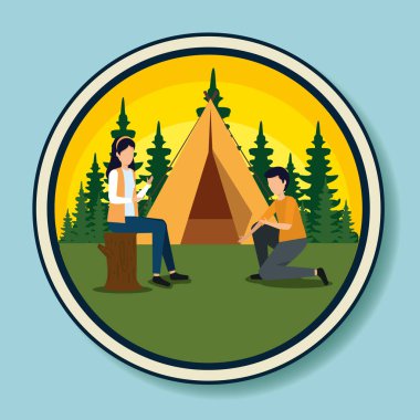 kamp ve çam ağaçları ile kadın ve erkek etiketi