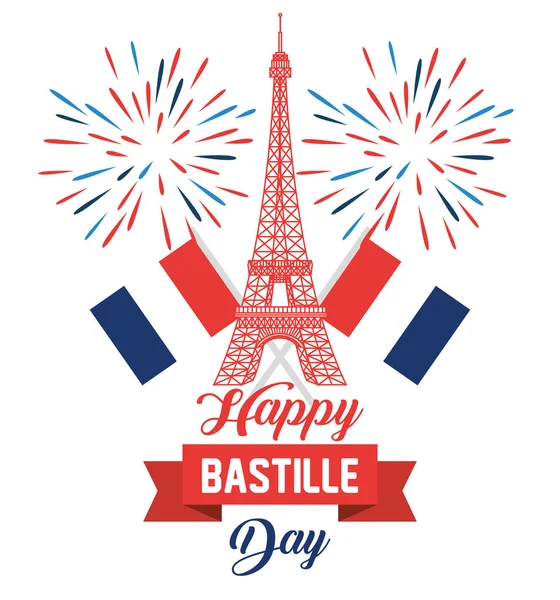 Torre eiffel con banderas de Francia y fuegos artificiales — Archivo Imágenes Vectoriales