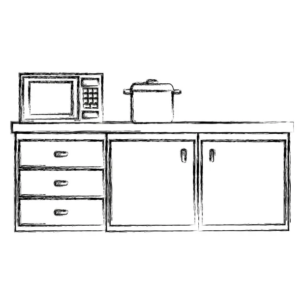Gaveta da cozinha com forno de microondas e panela — Vetor de Stock