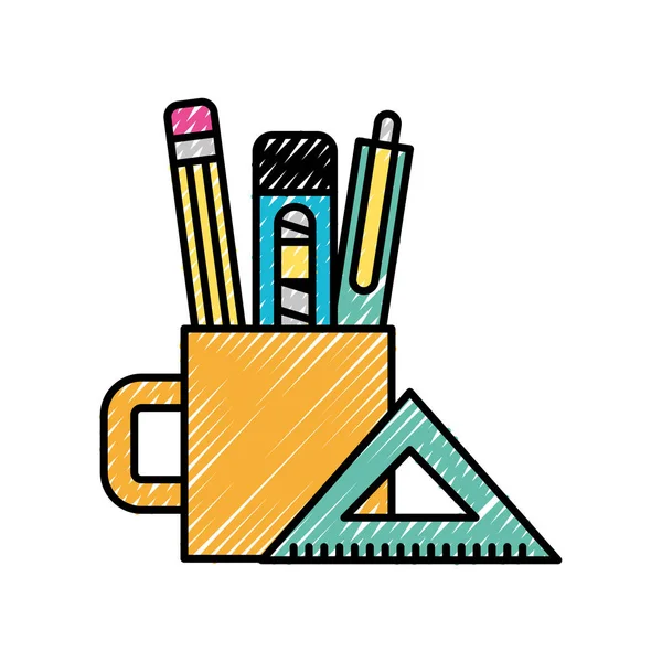 Μολύβι ξύλινο στυλό κόφτης μέσα φλιτζάνι και χάρακα εργαλεία γραφικού σχεδιασμού — Διανυσματικό Αρχείο