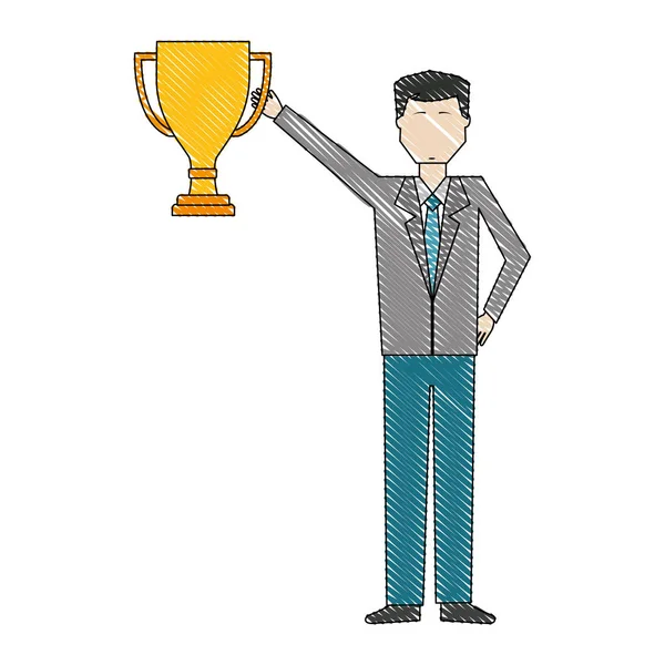 Homme d'affaires tenant trophée coupe succès dessin couleur — Image vectorielle