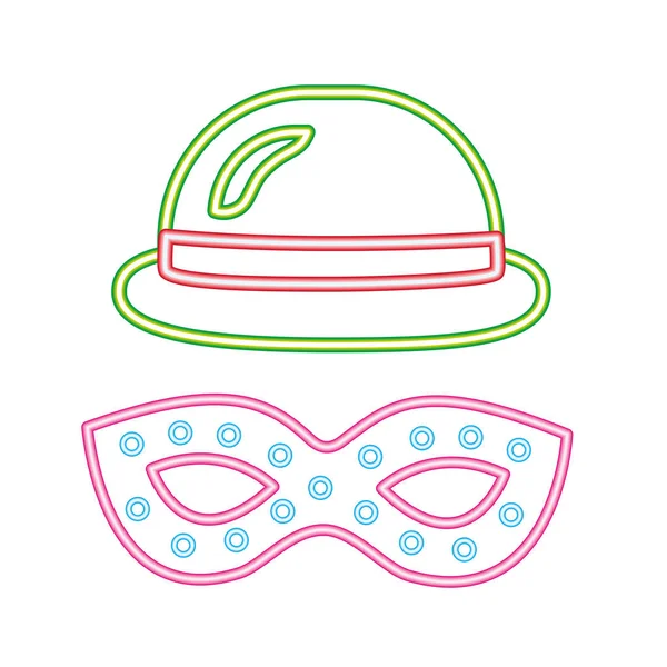 Chapeau de fête et décoration masque néon nuit — Image vectorielle