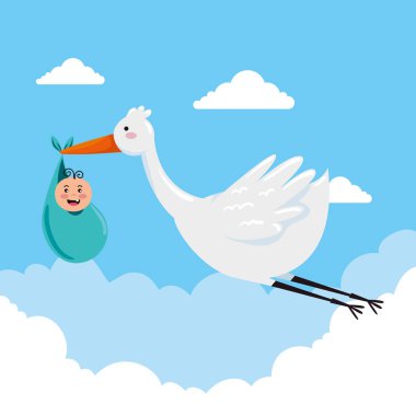 sevimli bebek ve bulutlar ile uçan leylek