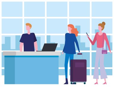 havaalanı ve bagaj ile dizüstü bilgisayar ile erkek ve kadın