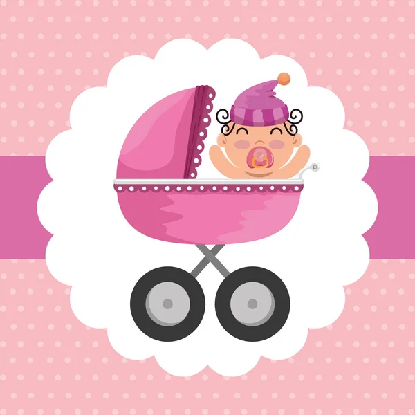 Label of carriage decoration with baby and hat — Stock Vector