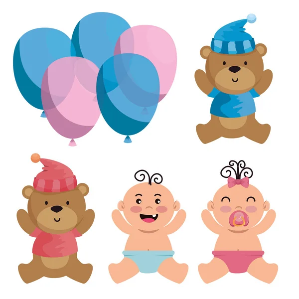 Set of bears with hat and shirt with babies and panties — Stock Vector