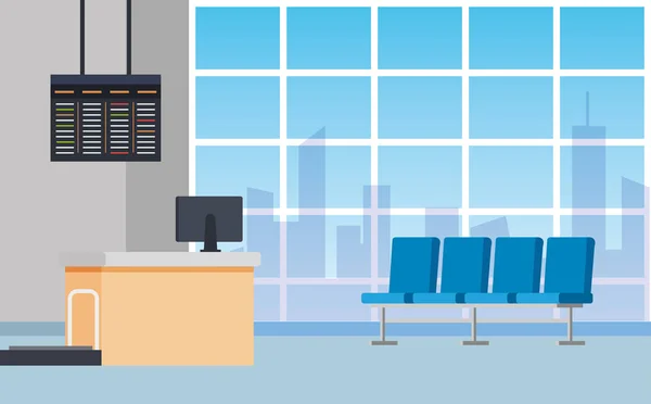 Зал очікування аеропорту зі стільцями та столиками з комп'ютером Стоковий вектор