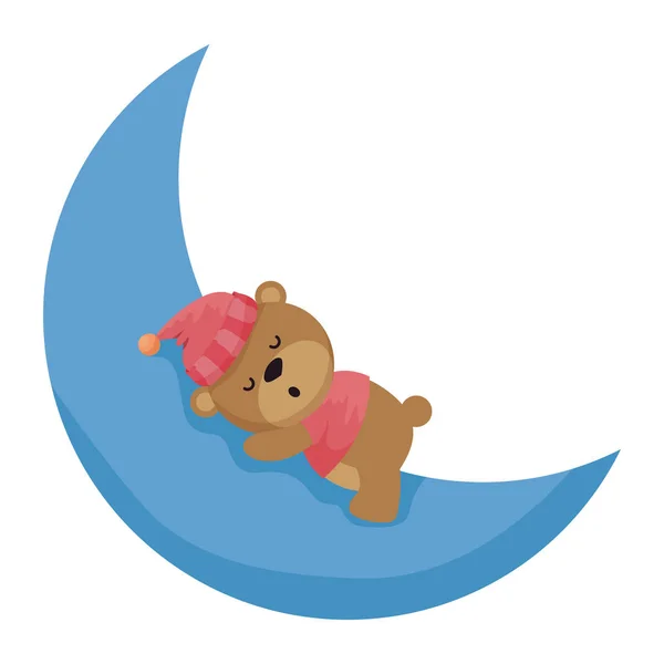 Ursinho de peluche com chapéu dormindo na lua —  Vetores de Stock