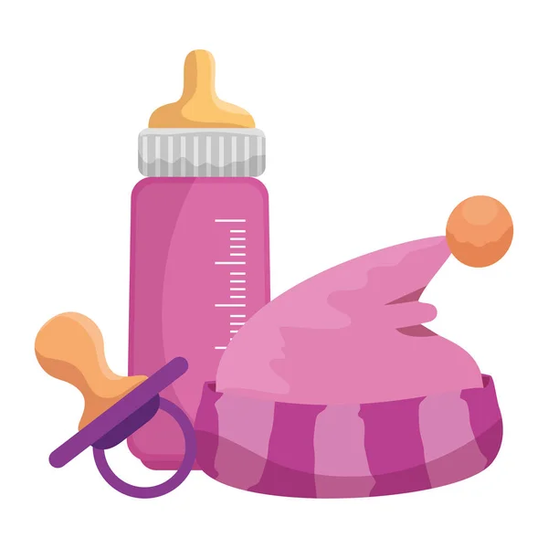 Baby milk bottle with hat and pacifier — Stock Vector