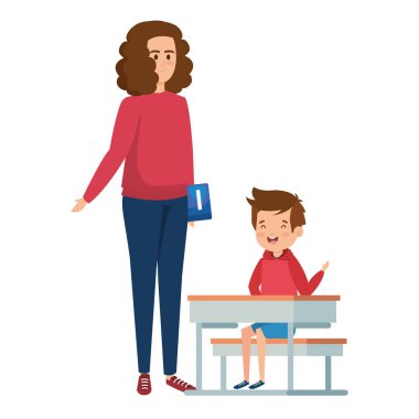 kadın öğretmen ile okul masasında mutlu öğrenci çocuk