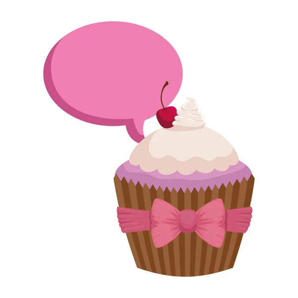 Délicieuse pâtisserie cupcake sucrée avec bulle de parole — Image vectorielle