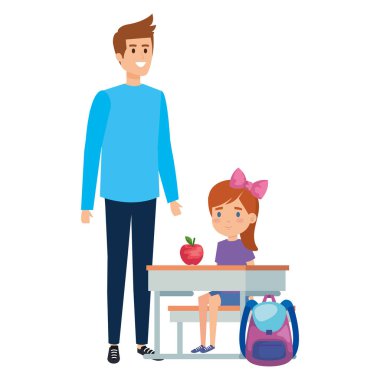 erkek öğretmen ile okul masasında mutlu öğrenci kız