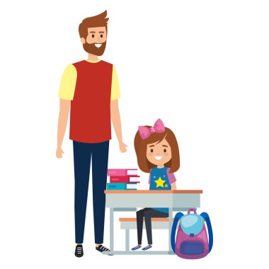 erkek öğretmen ile okul masasında mutlu öğrenci kız