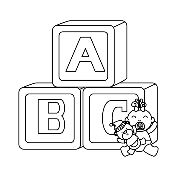 Alfabeto bloques juguetes con bebé niña y oso teddy — Archivo Imágenes Vectoriales