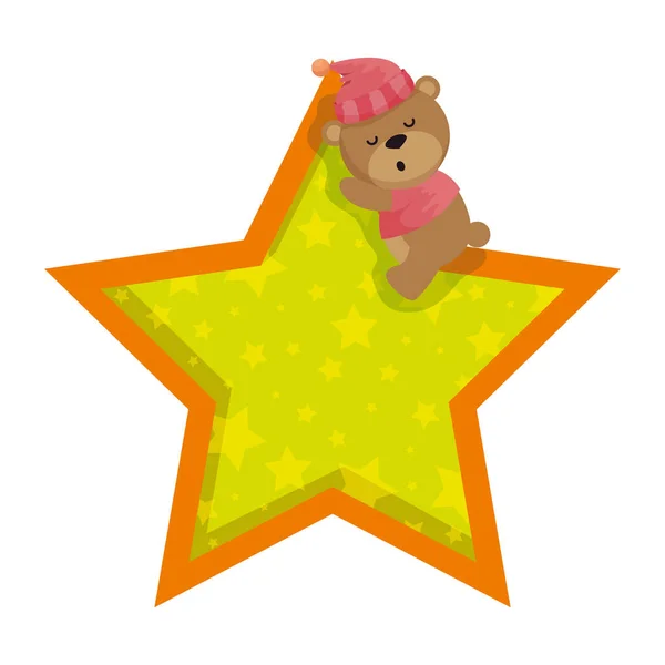 Kleine beer Teddy met hoed slapen in ster — Stockvector