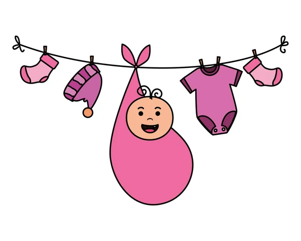 Little boy baby with clothes hanging — Stock Vector