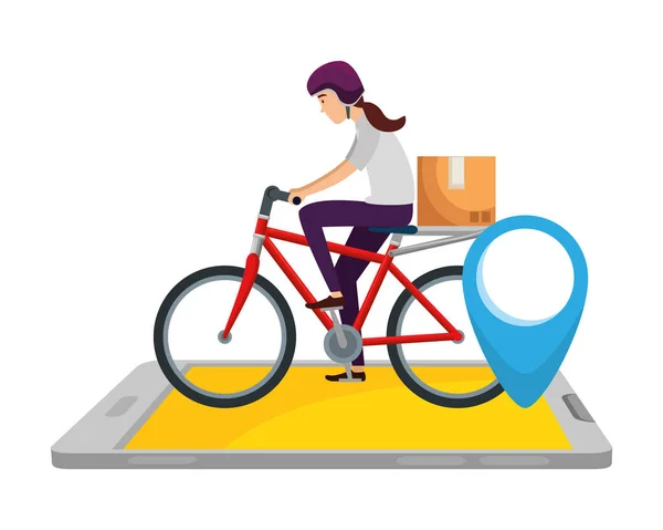 Doručovací pracovník v dopravě na kole s krabička a smartphone — Stockový vektor