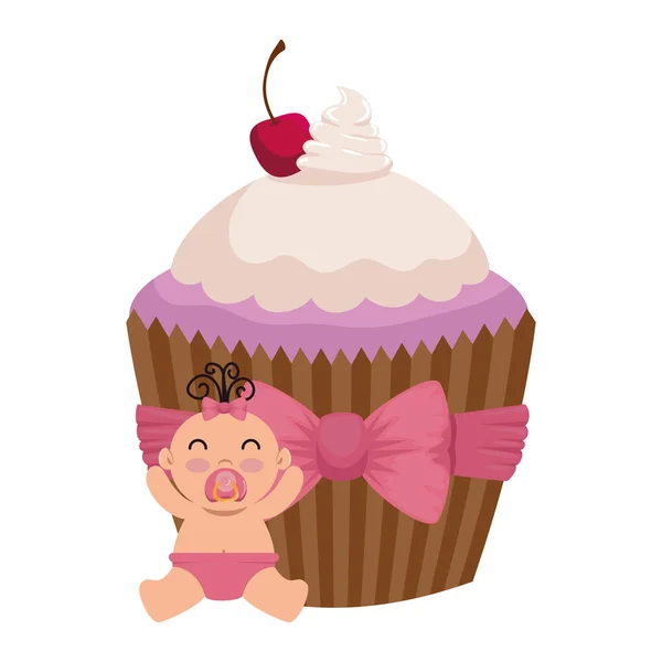 Cute little baby girl with sweet cupcake — Stock Vector