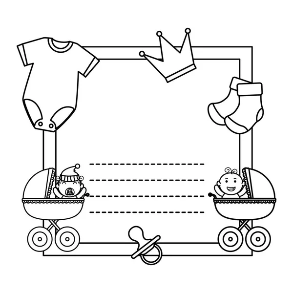 Babyduschkarte mit Kleidung und Wägen — Stockvektor