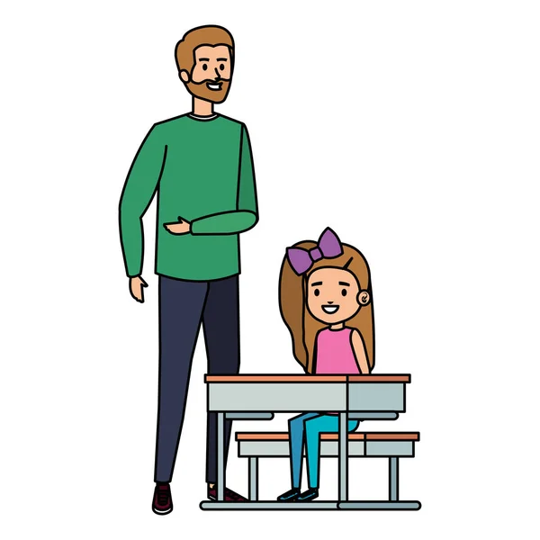 Chica estudiante feliz en el escritorio de la escuela con profesor masculino — Vector de stock