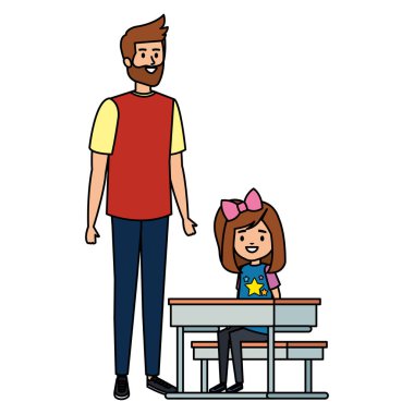 erkek öğretmen ile okul masasında mutlu öğrenci kız