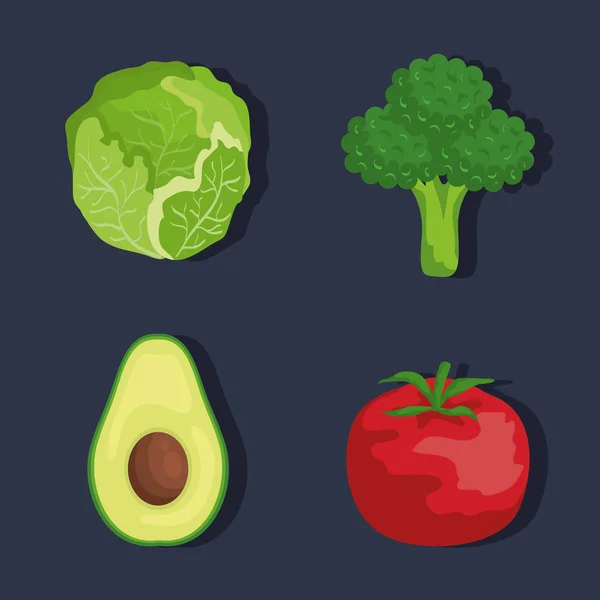 Ensemble de laitue avec brocoli et avocat et tomate — Image vectorielle