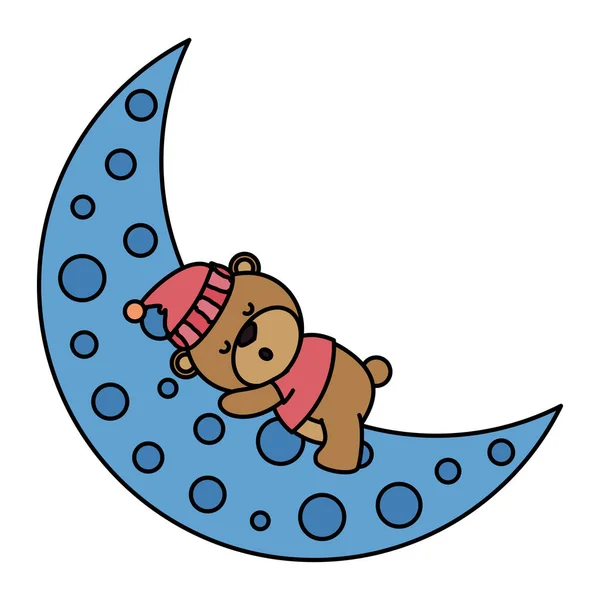 Little bear teddy with hat sleeping in moon — Stock Vector