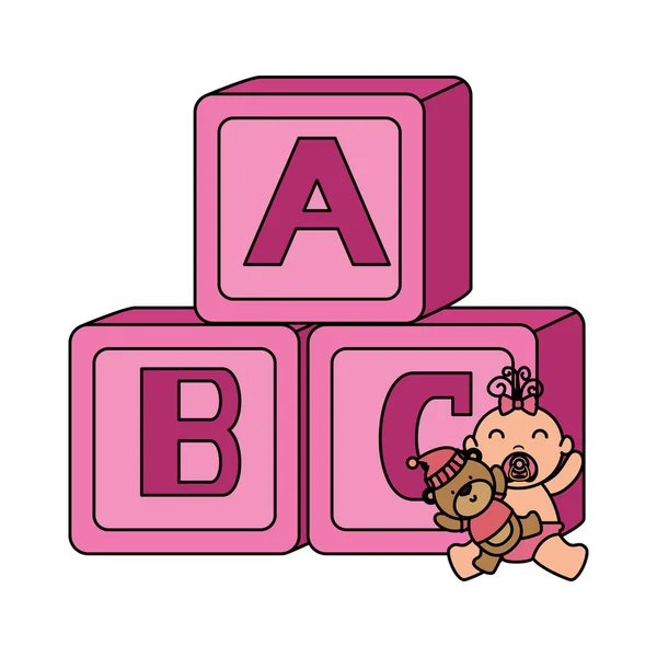 Αλφάβητο μπλοκ παιχνίδια με μωρό κορίτσι και αρκούδα αρκουδάκι — Διανυσματικό Αρχείο