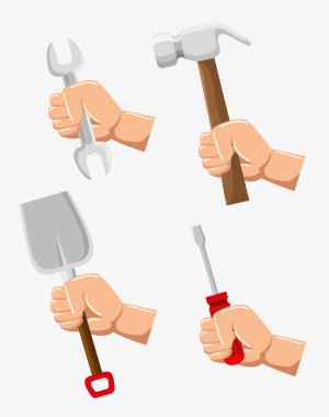 kürek ve tornavida ile anahtar ve çekiç ile el seti