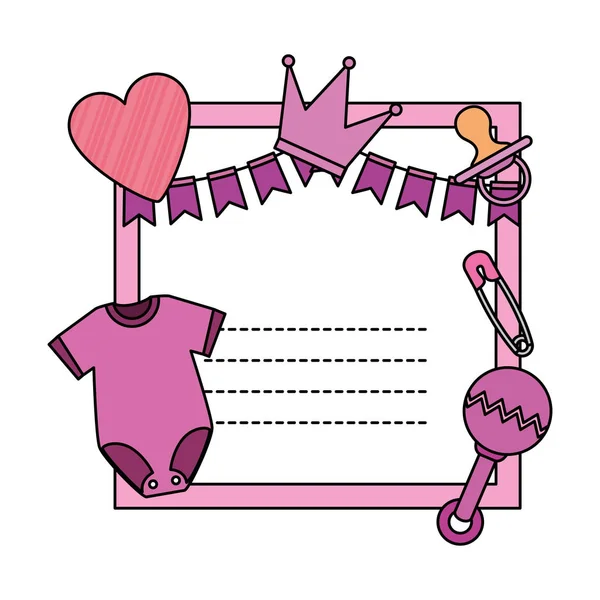 Carte de douche bébé avec vêtements et coeur — Image vectorielle