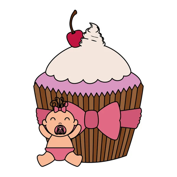 Bonito pequena menina com doce cupcake —  Vetores de Stock