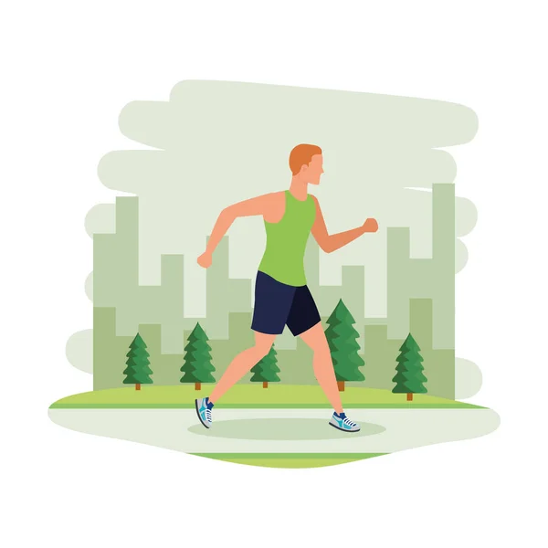 Jonge atletische man rennen in het landschap — Stockvector