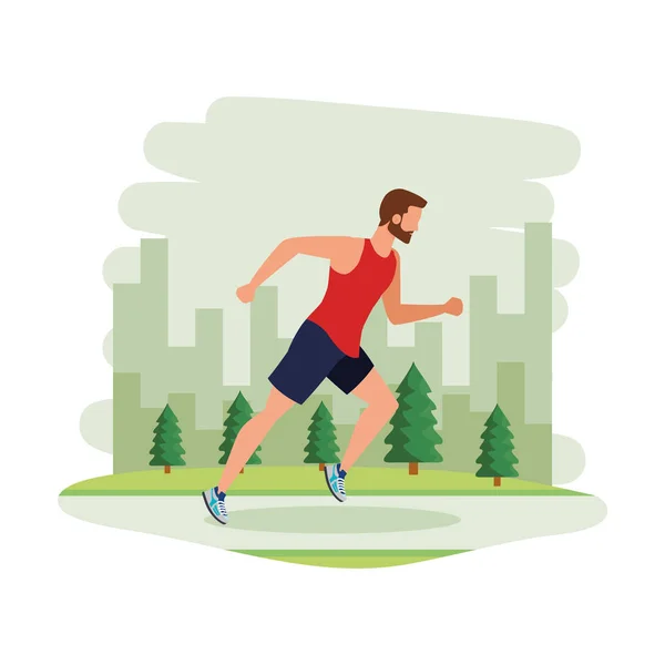 Jonge atletische man rennen in het landschap — Stockvector