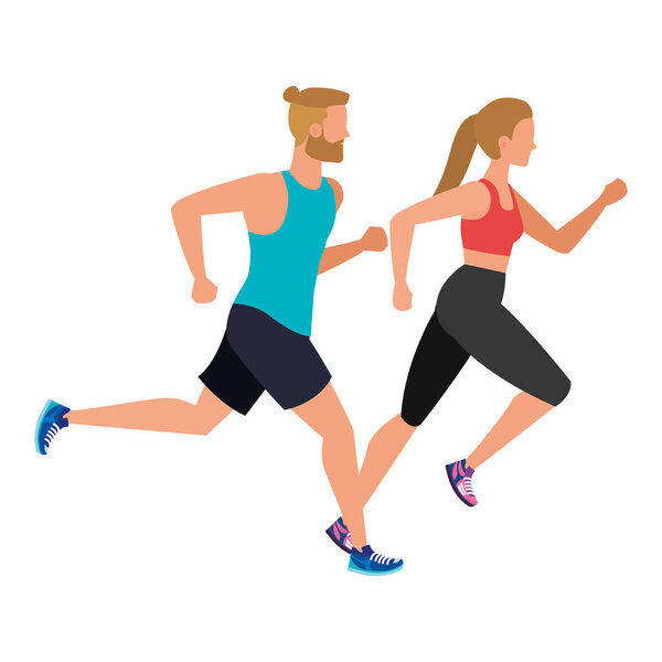 young athletic couple running characters