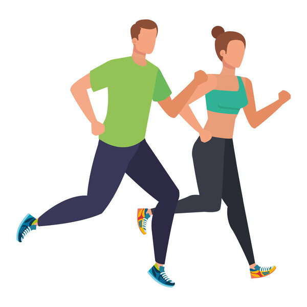 young athletic couple running characters