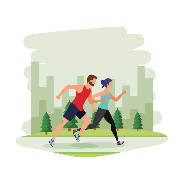 young athletic couple running in the park