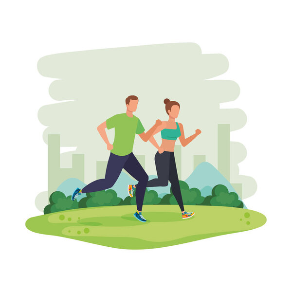 young athletic couple running in the park