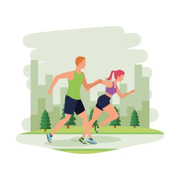 Молодая атлетическая пара бегает в парке — стоковый вектор