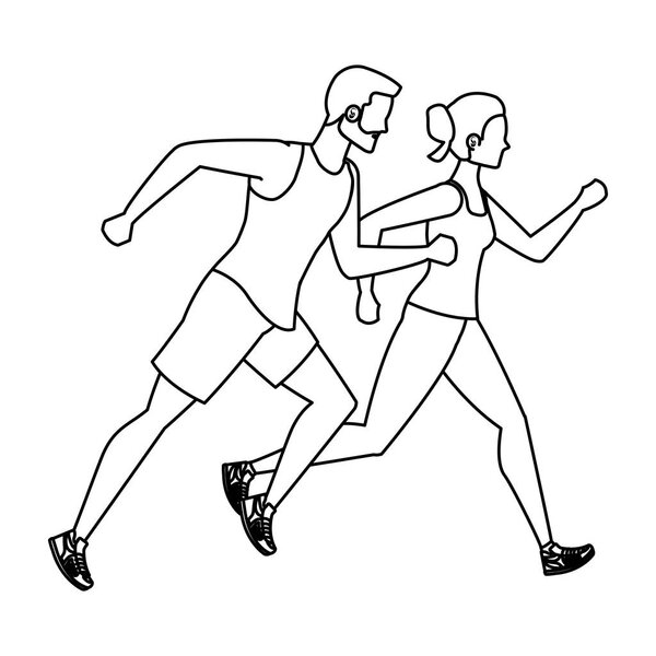 young athletic couple running characters