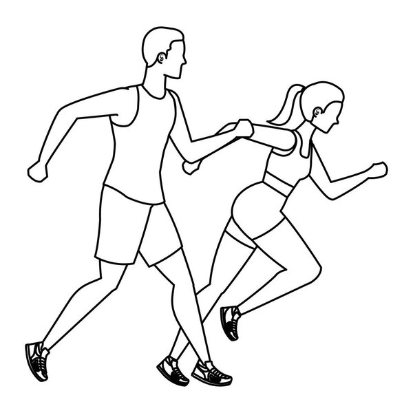 young athletic couple running characters